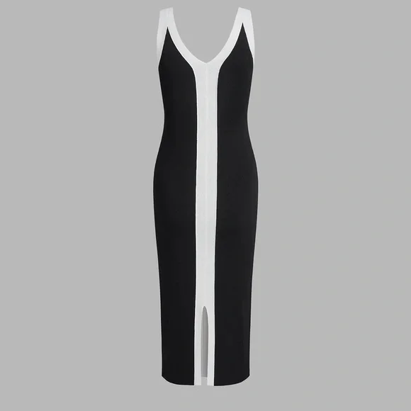 Black and white contrast knit v neck sleeveless midi dress with vented slit - Picture 3 of 11